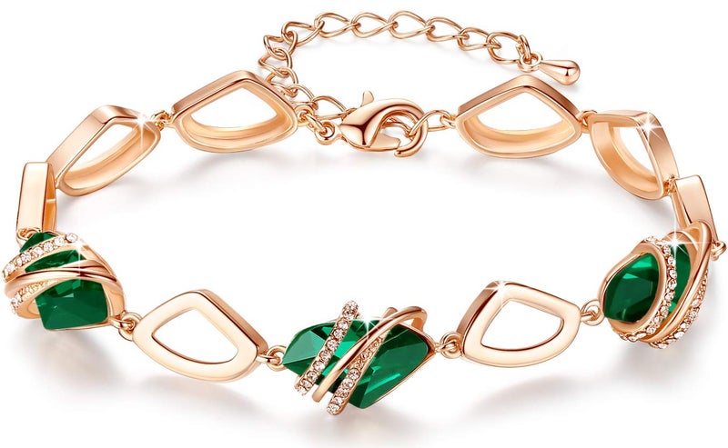 Leafael Wish Stone Link Charm Bracelet with Emerald Green Birthstone Crystal for May, Rose Gold Plated, 7"+2" - Image 1